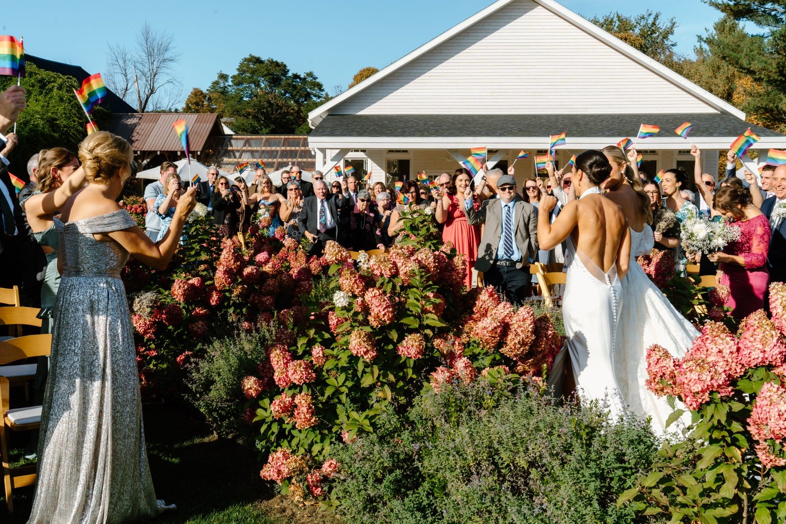 A joyful wedding celebration outdoors with guests clapping and cheering.